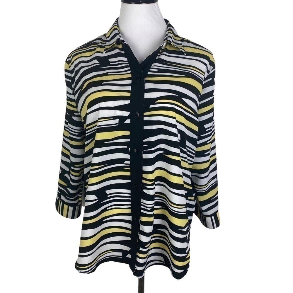 Alia Petite Striped Button Down Blouse Women's 16P Yellow Black‎ 3/4 Sleeve